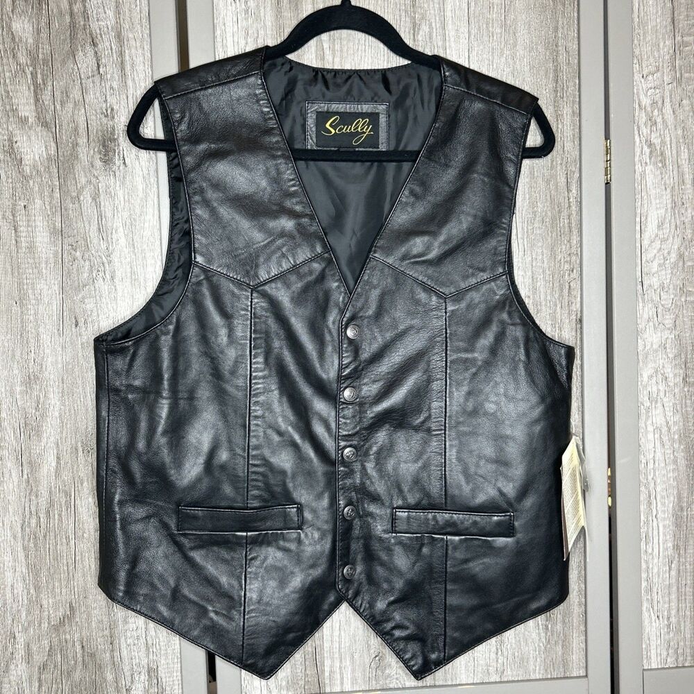 Scully Leather Vest Biker Western Black Color NWT